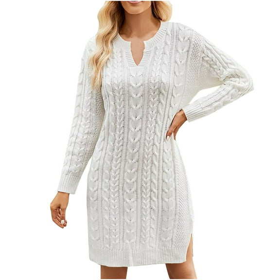 ShomPort Sweater Dress for Women Cable Knit Ribbed A-Line Long Sleeve Pullover Sweaters Dresses Fall Winter