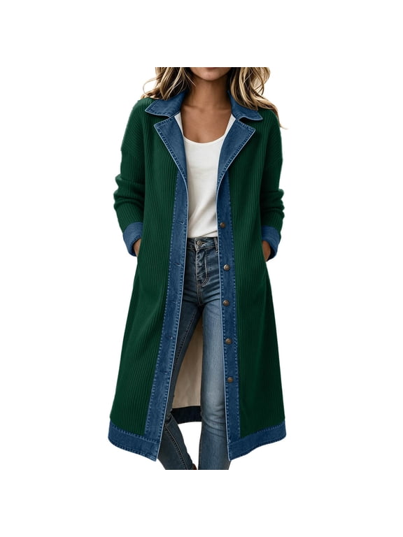 Sweater Jacket for Women with Pockets Button down Long Cardigan with Denim Patchwork Trendy Fall Knit Sweater Outwear