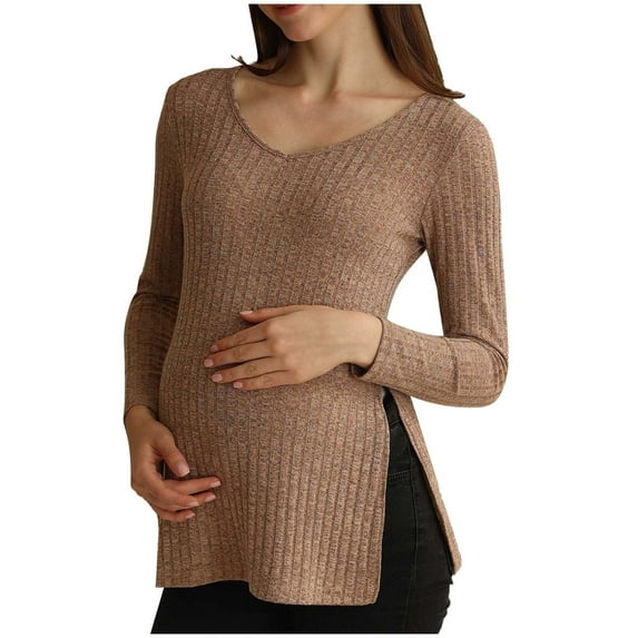 ShomPort Sweater for Pregnant Women Long Sleeve Side Split Ribbed V-Neck Loose Blouses Lightweight Pullover Maternity Tunic Tops