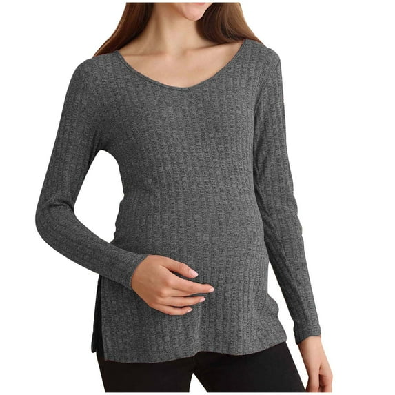 ShomPort Sweater for Pregnant Women Long Sleeve Side Split Ribbed V-Neck Loose Blouses Lightweight Pullover Maternity Tunic Tops