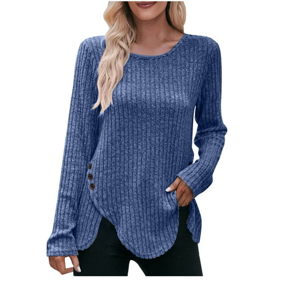 ShomPort Sweaters for Women Causal Scoop Neck Long Sleeve Ribbed Tops Split Hem Fall Ladies Blouses (Blue 3)