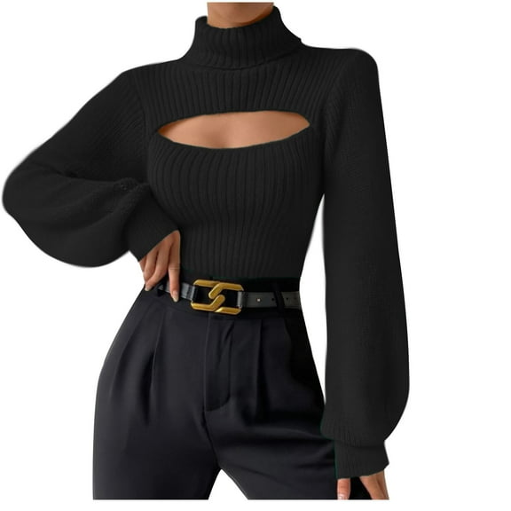 ShomPort Sweaters for Womens Hollow Out Stand Collared Long Sleeve Solid Color Ribbed Loose Tops Outdoor Elastic Cozy Fall Trendy Blouses