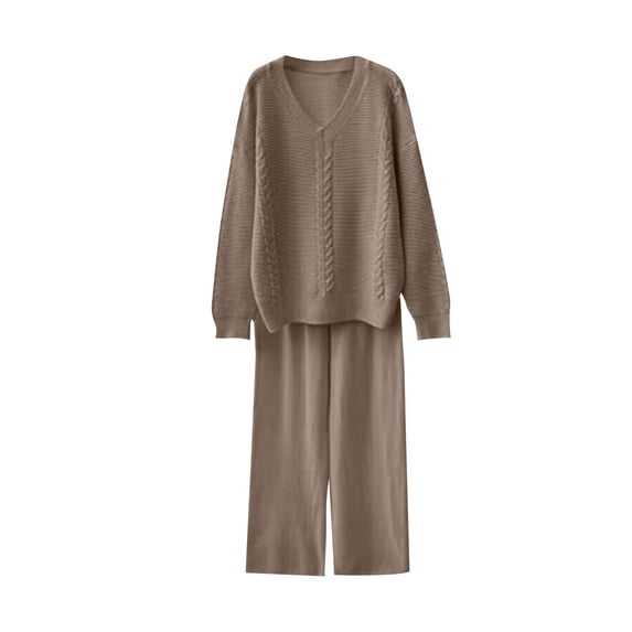 ShomPort Sweatersuit for Womens Cable Knit V-Neck Long Sleeve Sweater High Waist Pants Stretchy Thickened Winter Set