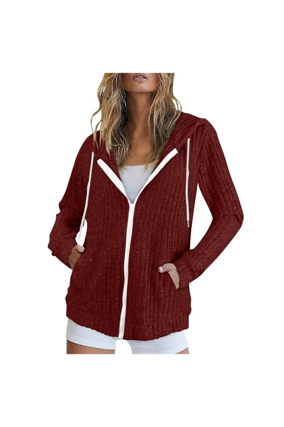 Sweatshirts for Womens Zipper Long Sleeve Slim Fitted Kintted Ribbed Loose Hoodies with Pockets