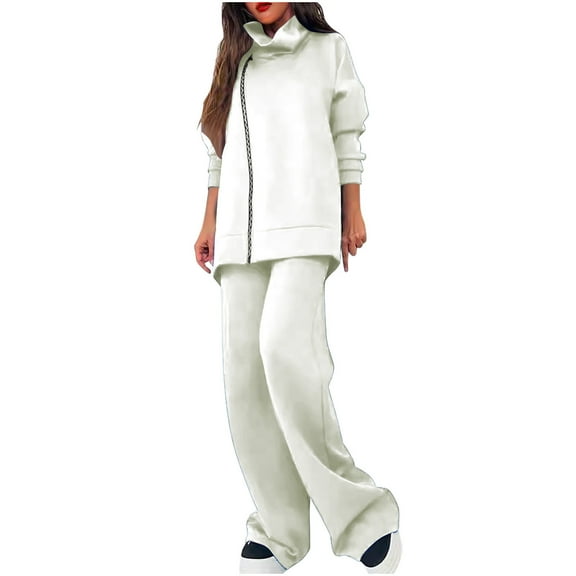 ShomPort Sweatsuit Set for Womens Full Zipper Lapel Long Sleeve Coat Wide Leg Pants Solid Color Athletic Outfits