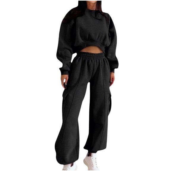 ShomPort Sweatsuit Set for Womens Round Collared Pullover Crop Sweatshirt Elastic Waistband Bottom Baggy Pants Going Out Athletic Set