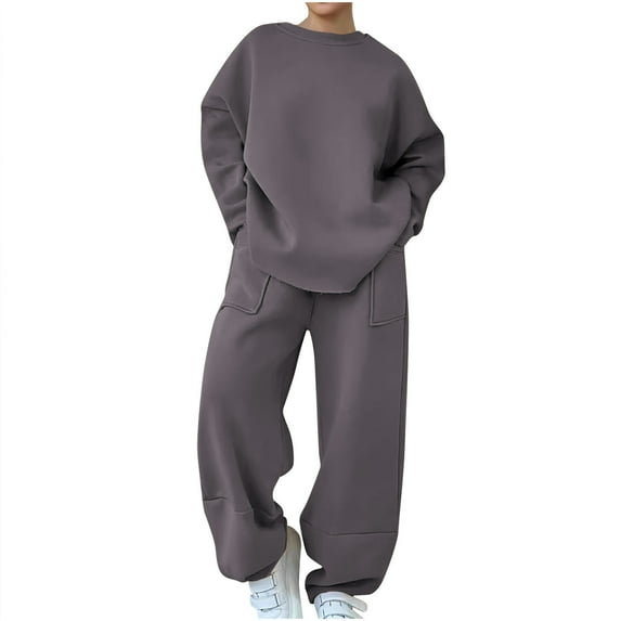 ShomPort Sweatsuit for Womens Long Sleeve Round Collared Drop Shoulder Oversized Sweatshirt Baggy Pants with Pockets Trendy Athletic Set