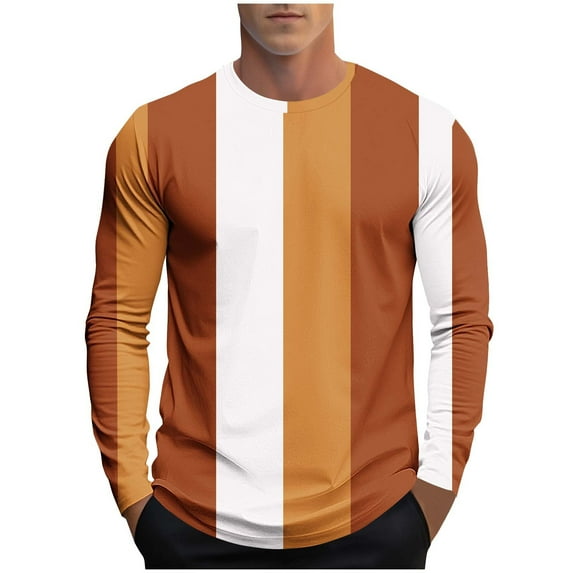 ShomPort T-Shirt for Mens Crewneck Long Sleeve Stripe Printed Color Block Slim Tees Blouses Trendy Outdoor Sports Tops