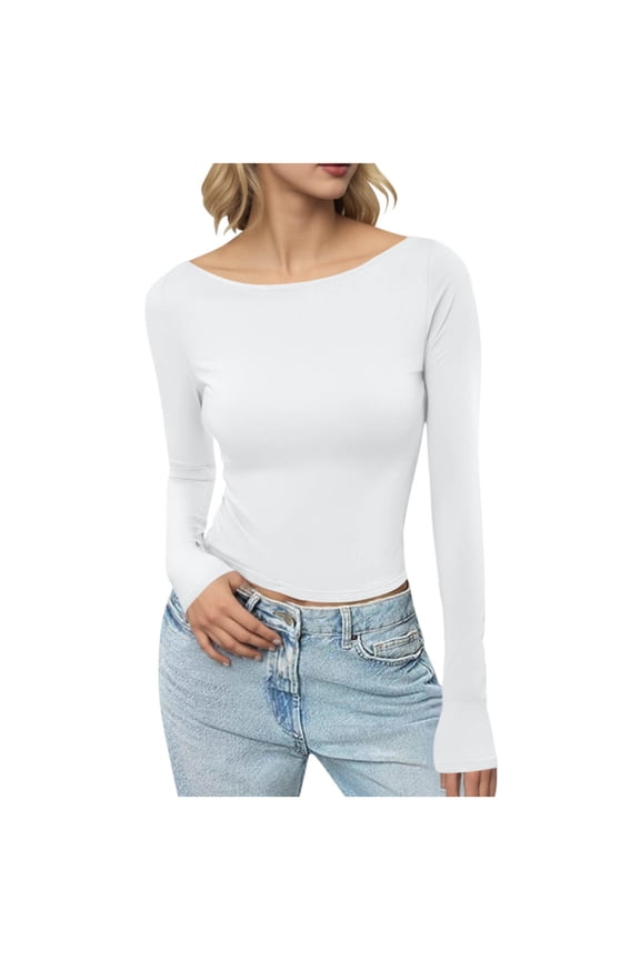 T-Shirts for Womens Boat Neck Long Sleeve Stretchy Tight Basic Layer Tees Solid Color Lightweight Going Out Soft Tops