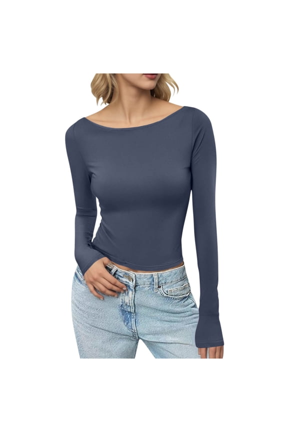 T-Shirts for Womens Boat Neck Long Sleeve Stretchy Tight Basic Layer Tees Solid Color Lightweight Going Out Soft Tops