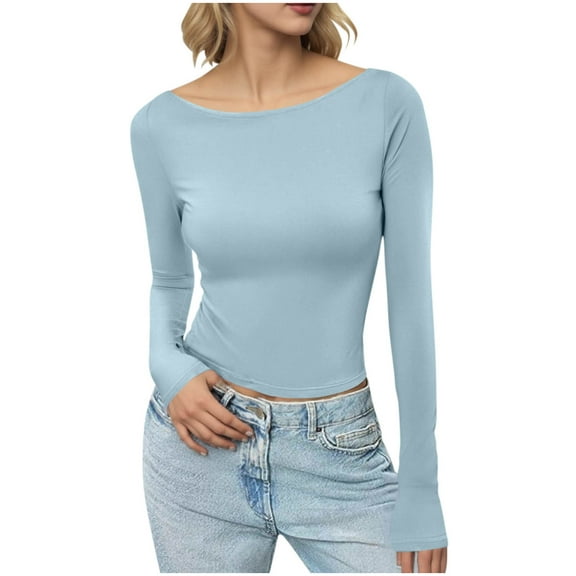 ShomPort T-Shirts for Womens Boat Neck Long Sleeve Stretchy Tight Basic Layer Tees Solid Color Lightweight Going Out Soft Tops