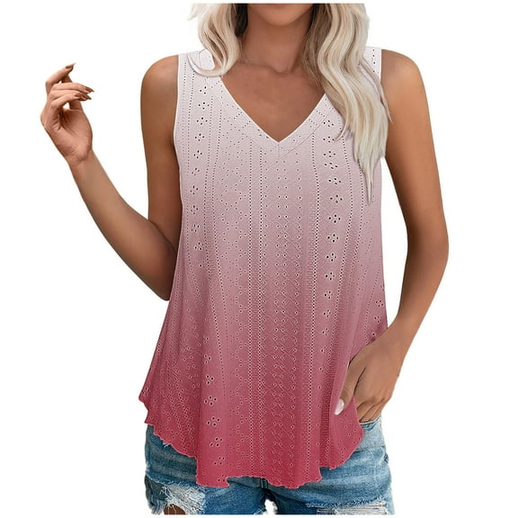 ShomPort Tank Tops for Womens Loose Ruffle Hem V-Neck Cutout Gadient Color Sleeveless Tops Going Out Comfy Summer Dailywear