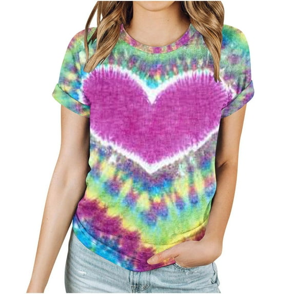 ShomPort Tie Dye Print Tunic Tops for Womens Short Sleeve Round Neck Trendy Spring Summer Tops