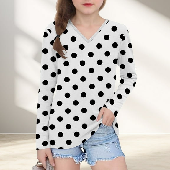 ShomPort Toddler Girls Polka Dot Printed Long Sleeve V-Neck Cute Blouses Casual Base Layer Tees Tops for 3-14 Years