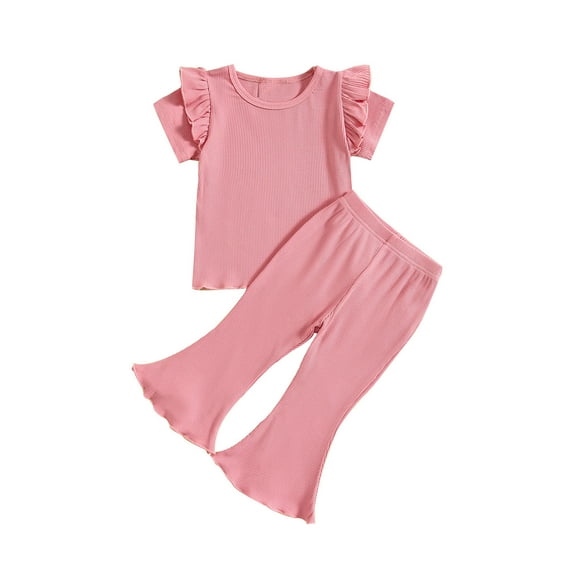 ShomPort Toddler Kids Girls Cotton 2 Piece Outfit Ribbed Short Sleeve T-Shirt and Shorts/Flared Pants Cute Baby Set
