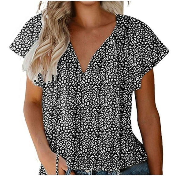 ShomPort Tops for Women Summer Chiffon Ruffle Short Sleeve V Neck Ladies Blouse Floral Print Loose Comfy ted Shirts (Small, Black)