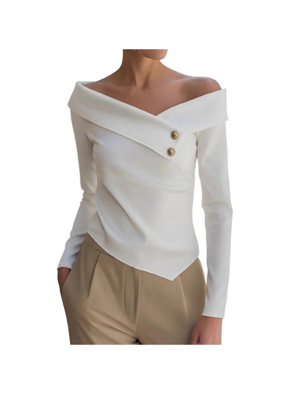 Tops for Womens Off the Shoulder Long Sleeve Wrap Pullover Going Out Solid Color Comfy T-Shirts Elegant Trendy Tees Blouses
