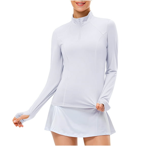 ShomPort Tops for Womens Quick-Dry Mock Neck Long Sleeve Zipper Stretchy Slim T-Shirts Solid Color Running Athletic Cozy Daily Blouses