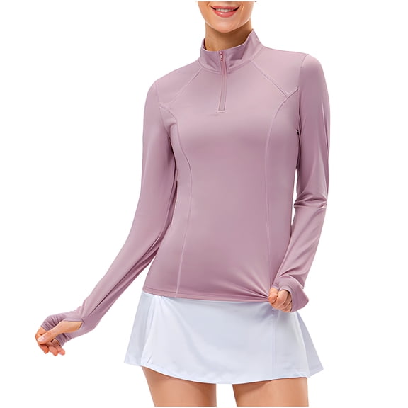 ShomPort Tops for Womens Quick-Dry Mock Neck Long Sleeve Zipper Stretchy Slim T-Shirts Solid Color Running Athletic Cozy Daily Blouses