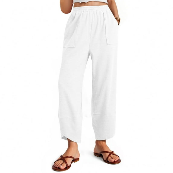 ShomPort Trousers for Women Elastic Waist Straight Leg Ankle 7/8 Travel Pants Casual Solid Color Pants with Pockets