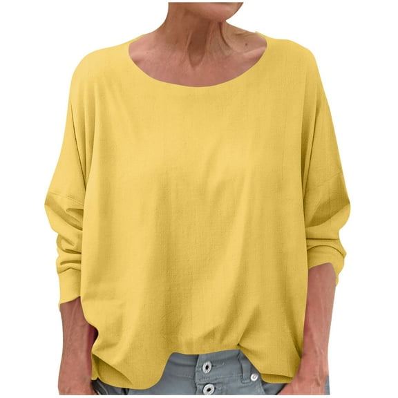 ShomPort Tshirts for Women Long Sleeve Solid Color Crew Neck Tops Casual Comfy Everyday Collarless Blouses