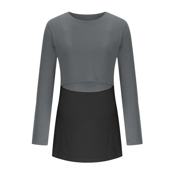 ShomPort Tunic Tops for Maternity Crewneck Color Block Patchwork Basic Thin T-Shirt Casual Double Layer Breastfeeding Blouses