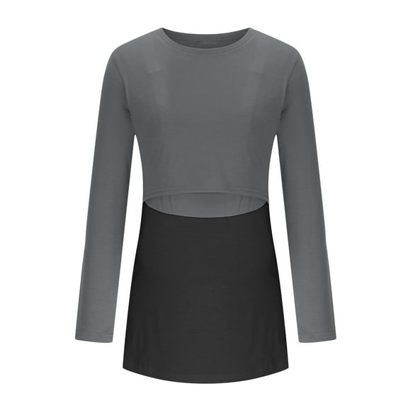 ShomPort Tunic Tops for Maternity Crewneck Color Block Patchwork Basic Thin T-Shirt Casual Double Layer Breastfeeding Blouses