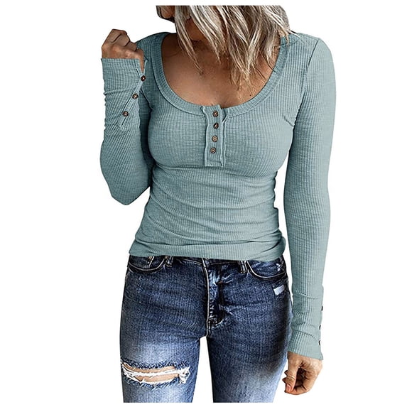ShomPort Tunic Tops for Women Causal Slim ted Ribbed Scoop Neck Long Sleeve Ladies Tops Buttons Basic Tee Tops