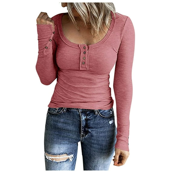 ShomPort Tunic Tops for Women Causal 2024 Slim ted Ribbed Scoop Neck Long Sleeve Ladies Tops Buttons Basic Tee Tops