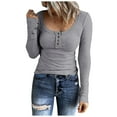 thumbnail image 1 of ShomPort Tunic Tops for Women Causal Slim ted Ribbed Scoop Neck Long Sleeve Ladies Tops Buttons Basic Tee Tops (Gray 21), 1 of 8