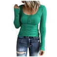 thumbnail image 1 of ShomPort Tunic Tops for Women Causal Slim ted Ribbed Scoop Neck Long Sleeve Ladies Tops Buttons Basic Tee Tops (Green 22), 1 of 8
