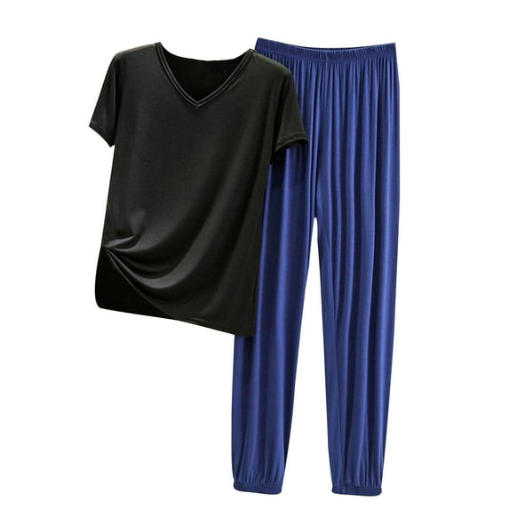 ShomPort Two Piece Outfits for Women Pajamas Sets Short Sleeve T-Shirts Wide Leg Long Pants Sets Sleepwear (Black 10)