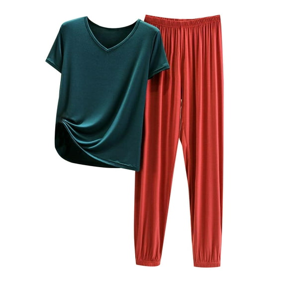 ShomPort Two Piece Outfits for Women Pajamas Sets Short Sleeve T-Shirts Wide Leg Long Pants Sets Sleepwear (Green 10)