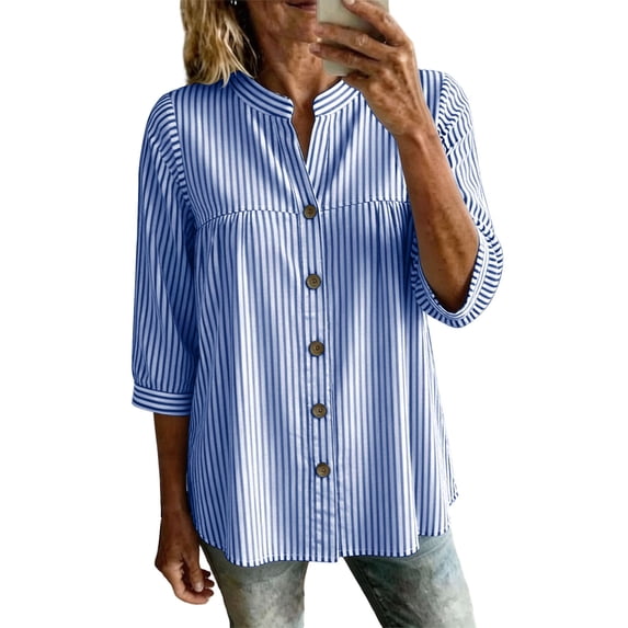 ShomPort V Neck Blouse for Women Loose 3/4 Sleeve Flowy Cotton Linen Casual Button down Tops