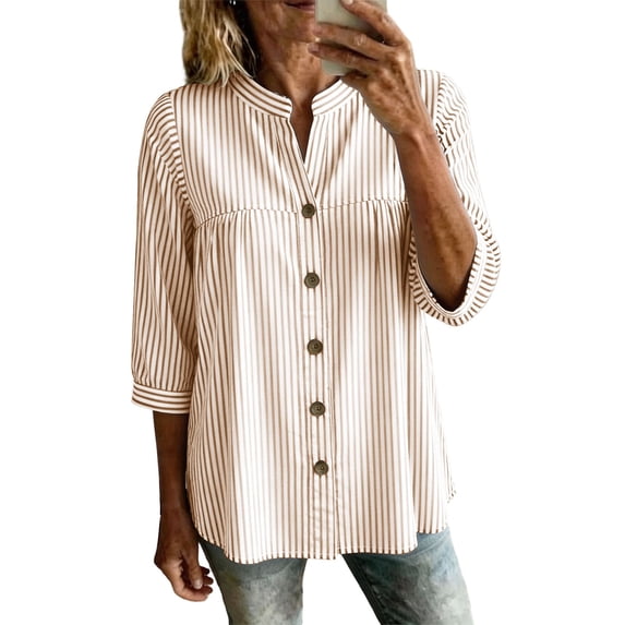 ShomPort V Neck Blouse for Women Loose 3/4 Sleeve Flowy Cotton Linen Casual Button down Tops