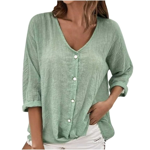 ShomPort V Neck Button Down Shirts for Women Loose Long Sleeve Blouses Casual Solid Color Tops
