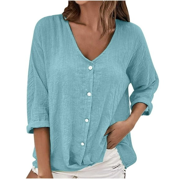 ShomPort V Neck Button Down Shirts for Women Loose Long Sleeve Blouses Casual Solid Color Tops