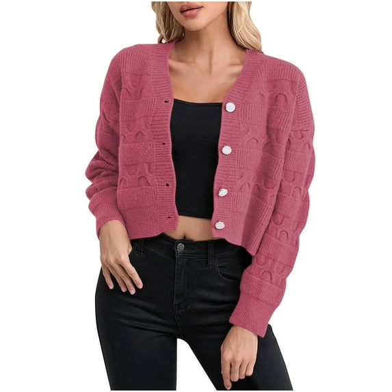 ShomPort V-Neck Knit Sweater Cardigan for Women Fall Elegant Cropped Long Sleeve Button Down Knit Outwear
