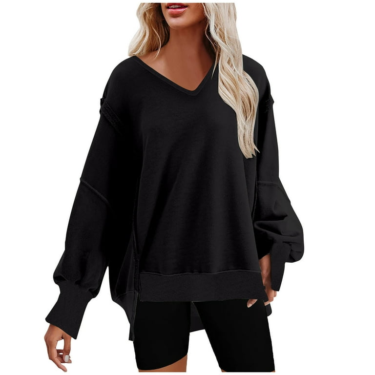 ShomPort V Neck Sweatshirts for Women Fall 2023 Fashion Solid Color Oversized Pullover Sweatshirt