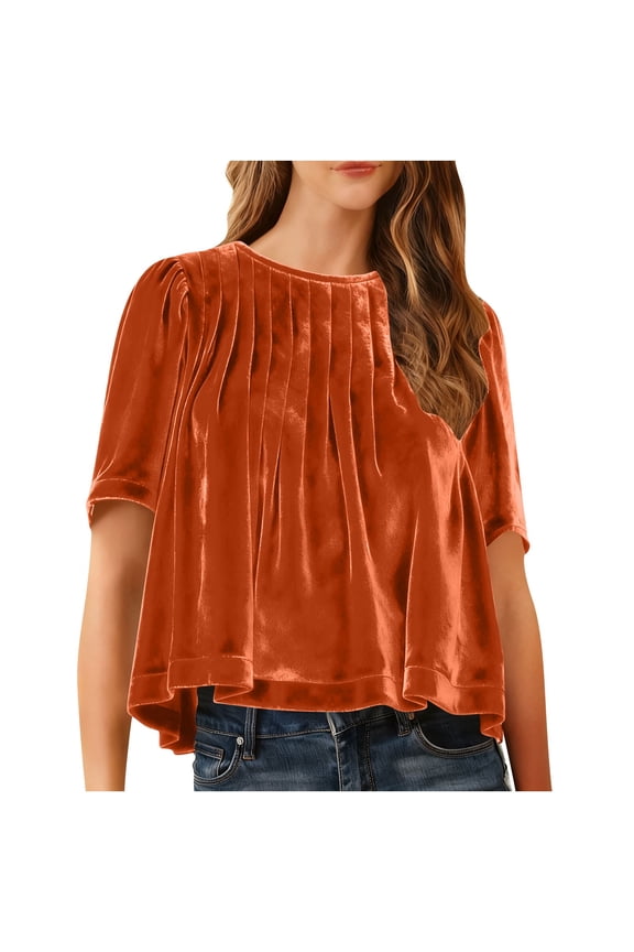 Velvet Tops for Womens Lightweight Short Sleeve Round Collared Pleated Dressy Blouses Breathable Elegant Trendy Cozy T-Shirts