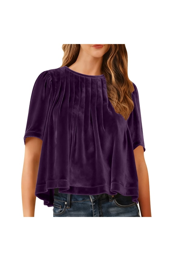 Velvet Tops for Womens Lightweight Short Sleeve Round Collared Pleated Dressy Blouses Breathable Elegant Trendy Cozy T-Shirts