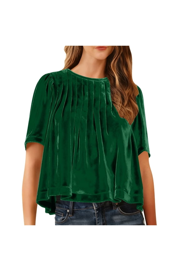 Velvet Tops for Womens Lightweight Short Sleeve Round Collared Pleated Dressy Blouses Breathable Elegant Trendy Cozy T-Shirts