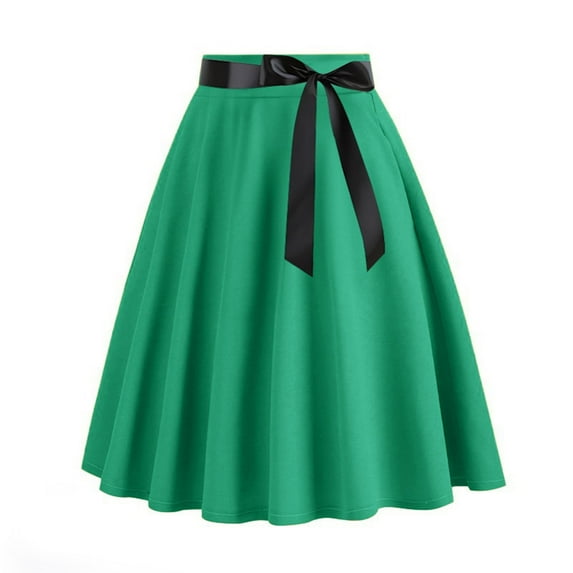 ShomPort Vintage Skirt for Women High Waist Lace Up Pleated Skirts Solid Color A-Line Midi Skirt