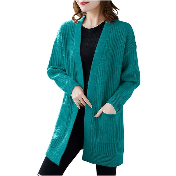 ShomPort Warm Knit Cardigan Sweaters for Women Open Front Long Sleeve Long Cardigan with Pockets