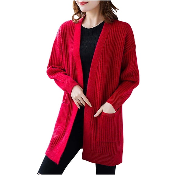 ShomPort Warm Knit Cardigan Sweaters for Women Open Front Long Sleeve Long Cardigan with Pockets