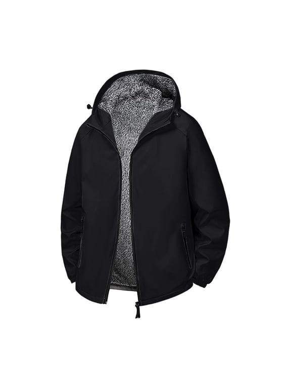 Waterproof Coats for Mens Fleece Lined Zip Up Long Sleeve Hooded Jackets with Pockets Solid Color Thickened Ski Overcoats