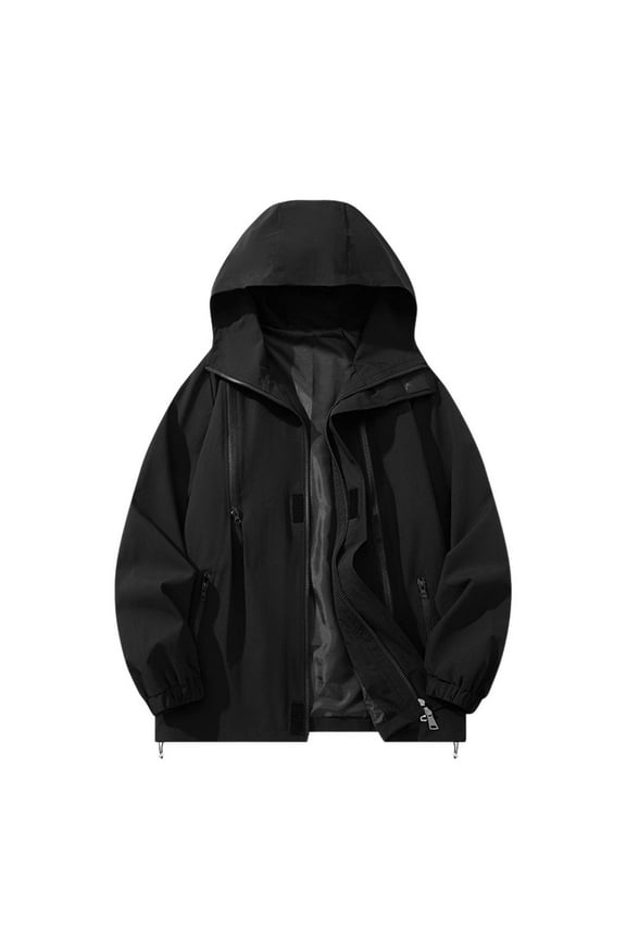 Waterproof Hooded Jackets for Mens Zip Up Long Sleeve Elastic Cuff Workwear Trendy Drawstring Outwear with Pockets