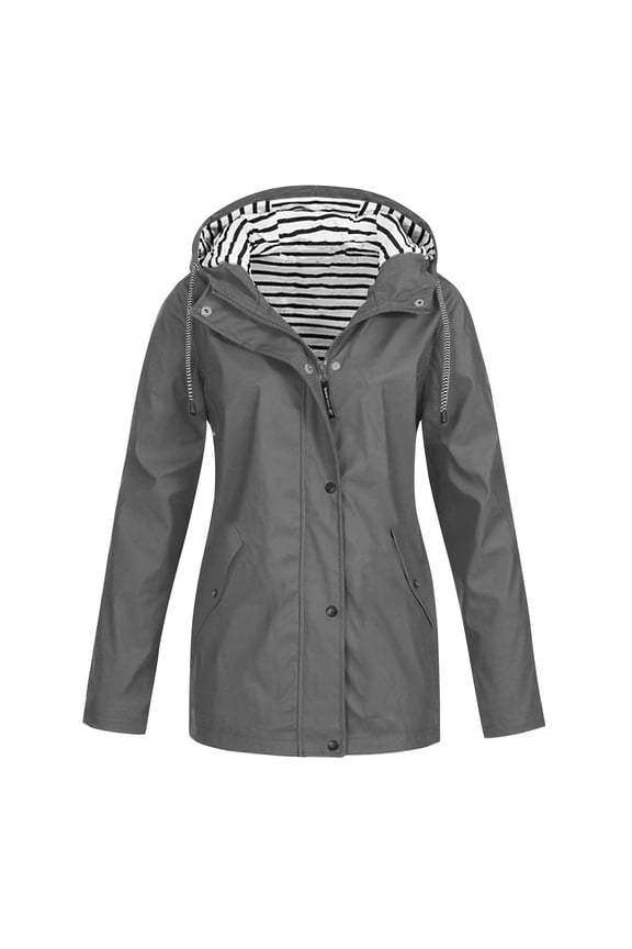Waterproof Jacket for Womens Hooded Zip up Plaid Lining Button Drawstring Trendy Streetwear with Pocket