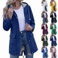 thumbnail image 1 of ShomPort Waterproof Jacket for Womens Outdoor Drawstring Full Zip up Hooded Stripe Lined Flap Pockets Raincoat, 1 of 6