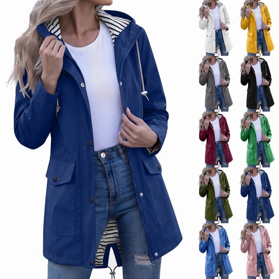 ShomPort Waterproof Jacket for Womens Outdoor Drawstring Full Zip up Hooded Stripe Lined Flap Pockets Raincoat